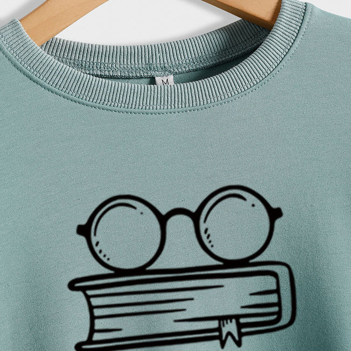 Book Nerd Glasses Book Printed Loose Bottomed Long Sleeve Large Size Sweater