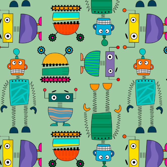 A patterned baby romper with cartoonish robot designs in various colors.