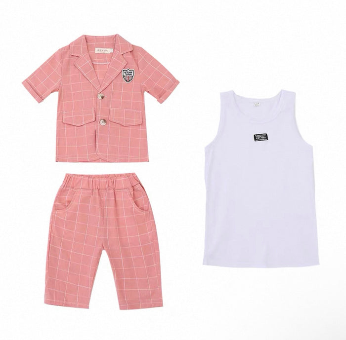 Pink checkered shirt, pants, and white tank top set on a white background