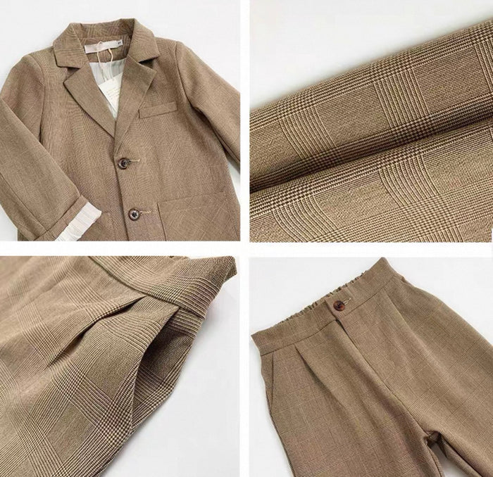 Collage of a brown plaid suit with close-ups of fabric texture and jacket details.