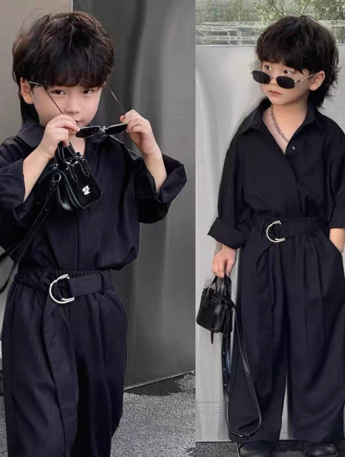 Child wearing a black outfit with sunglasses and a bag in two different settings.