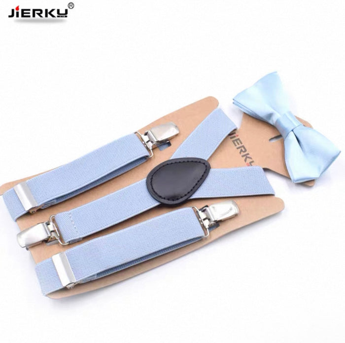 Light blue suspenders and bow tie set on a white background with 'JIERKU' branding.