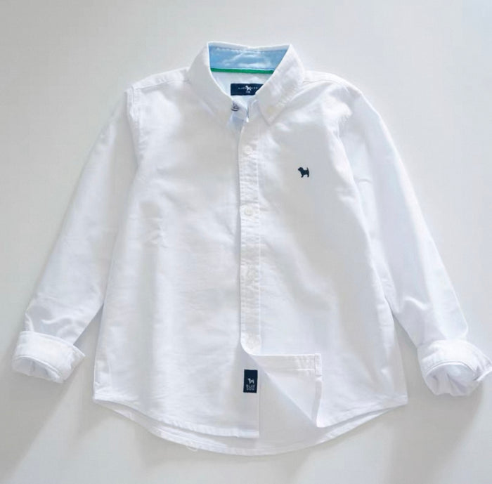 White button-up shirt with brand logo on a light gray background