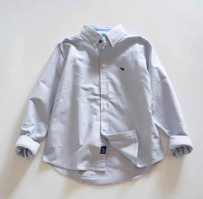 Light blue button-up shirt with rolled sleeves on a white background