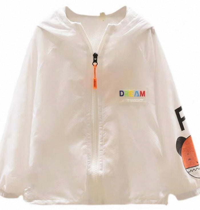White jacket with colorful text and design on a white background