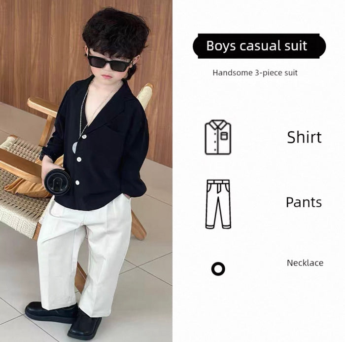 Child wearing a black shirt, white pants, and sunglasses with product details on the side.