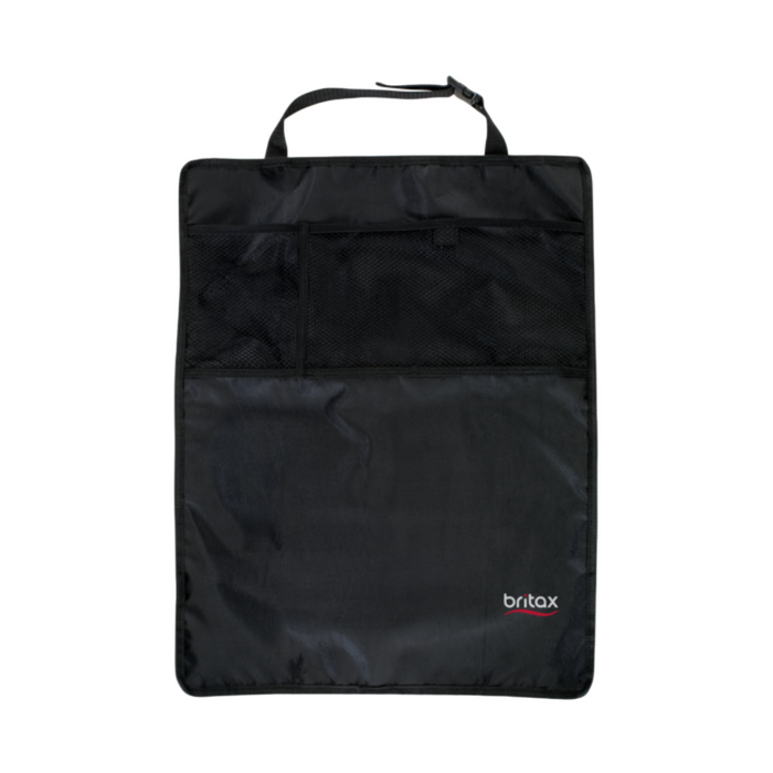 Black car seat back organizer with full-size kick mats for Britax car seat and toshi baby