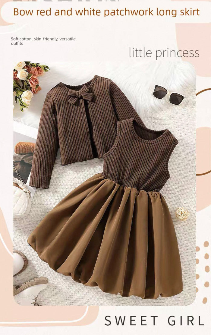 Brown dress with a bow and matching jacket on a white background, labeled 'little princess'.