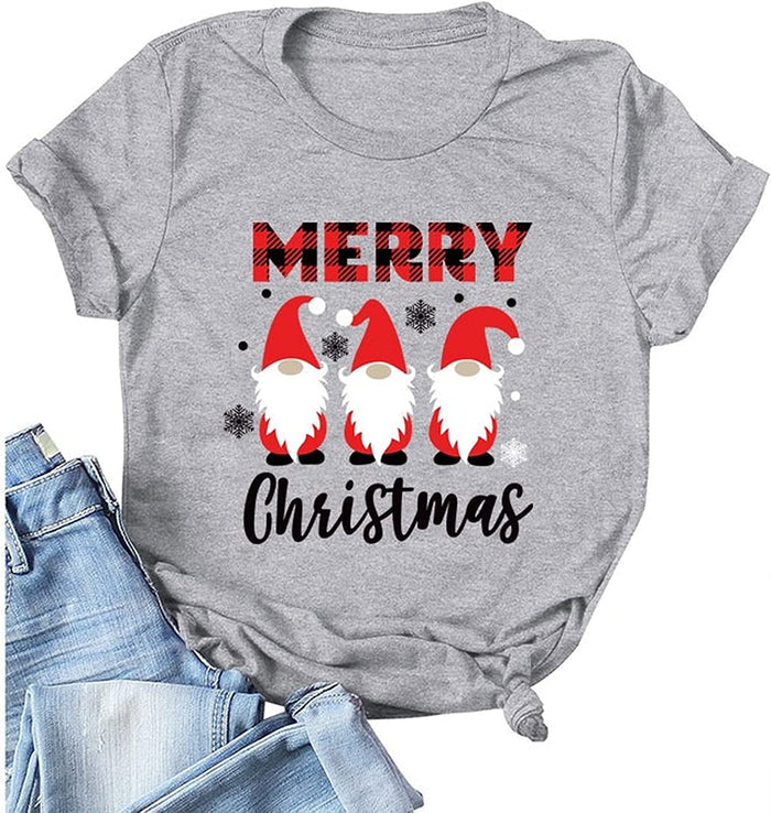 Buffalo Plaid Merry Christmas T-Shirt for Women Cute Gnomies Christmas Tees