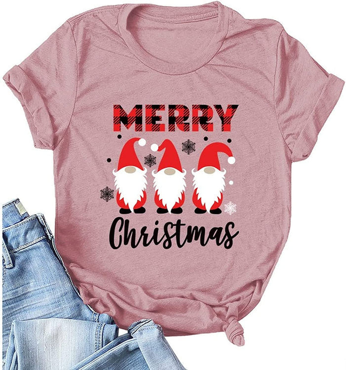Buffalo Plaid Merry Christmas T-Shirt for Women Cute Gnomies Christmas Tees