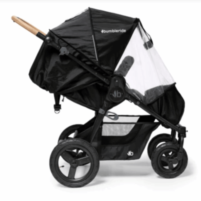 Black stroller with rain cover from Bumbleride Era Rain Shield for Toshi Baby precious cargo dry