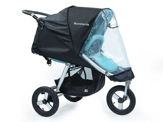 Black and silver Bumbleride Indie Speed stroller with Tooshi Baby non-PVC rain shield
