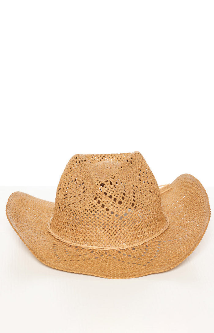 Front view of a tan straw western hat with an open weave crown and a thin braided band