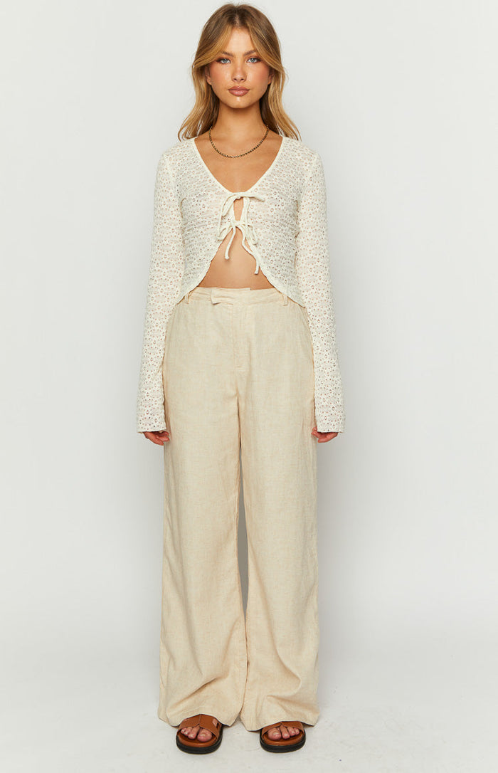 Cream linen blend high-waisted wide-leg pants with a relaxed fit