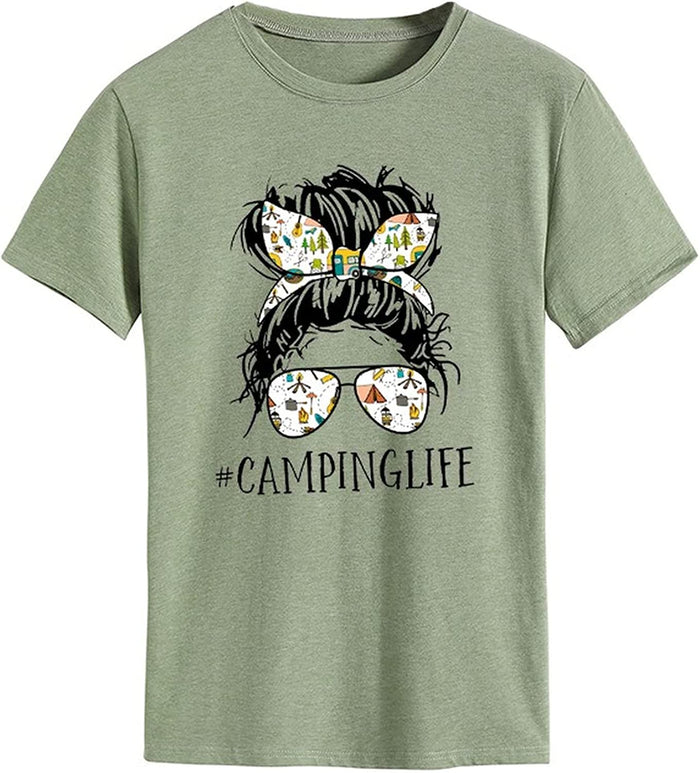 Camping Life T-Shirt for Women Messy Bun Glasses Shirt Woman Camper Shirt Camping Hair Shirt