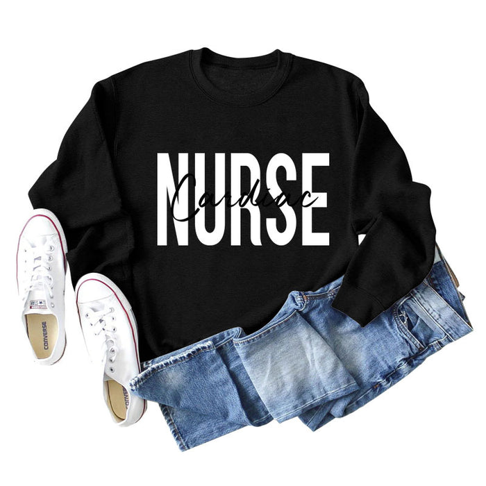 Cardiac Nurse Lettering Loose Crewneck Underneath Long-sleeved Sweatshirt