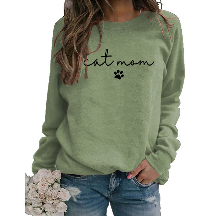 Cat Mom Dog Print Round Neck Loose Letters Fashion Women's Long-sleeved Sweatshirt
