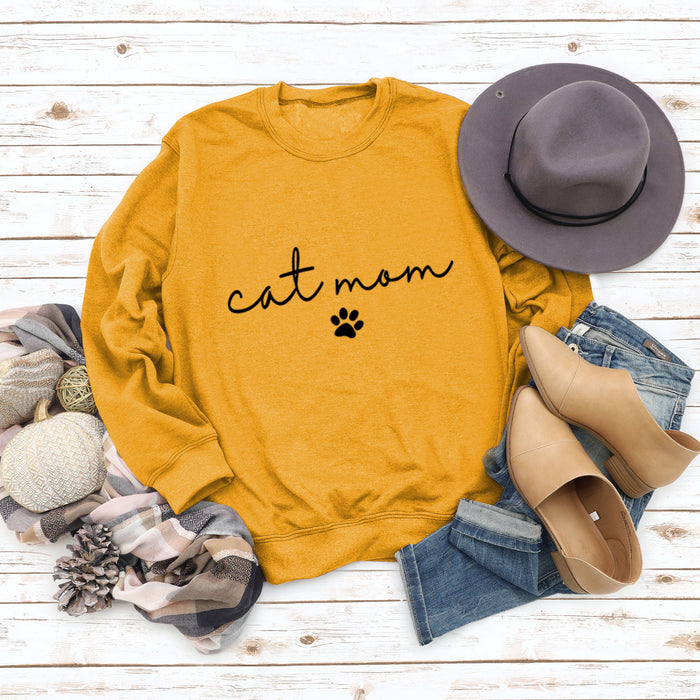 Cat Mom Dog Print Round Neck Loose Letters Fashion Women's Long-sleeved Sweatshirt