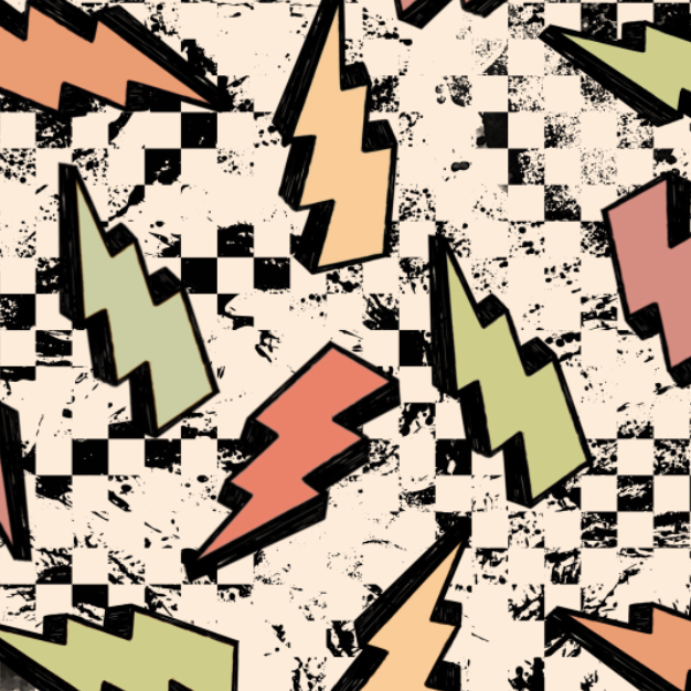 Pattern of colorful lightning bolts on a checkered background