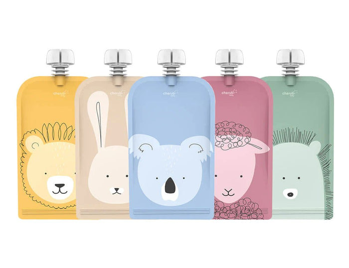 Cherub Baby On The Go Reusable Food Pouch150ml Animal 5pk