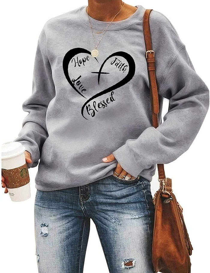 Christian Heart Sweatshirt Women Hope Faith Love Blessed Sweater
