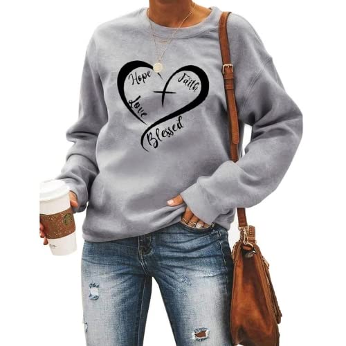 Christian Heart Sweatshirt Women Hope Faith Love Blessed Sweater