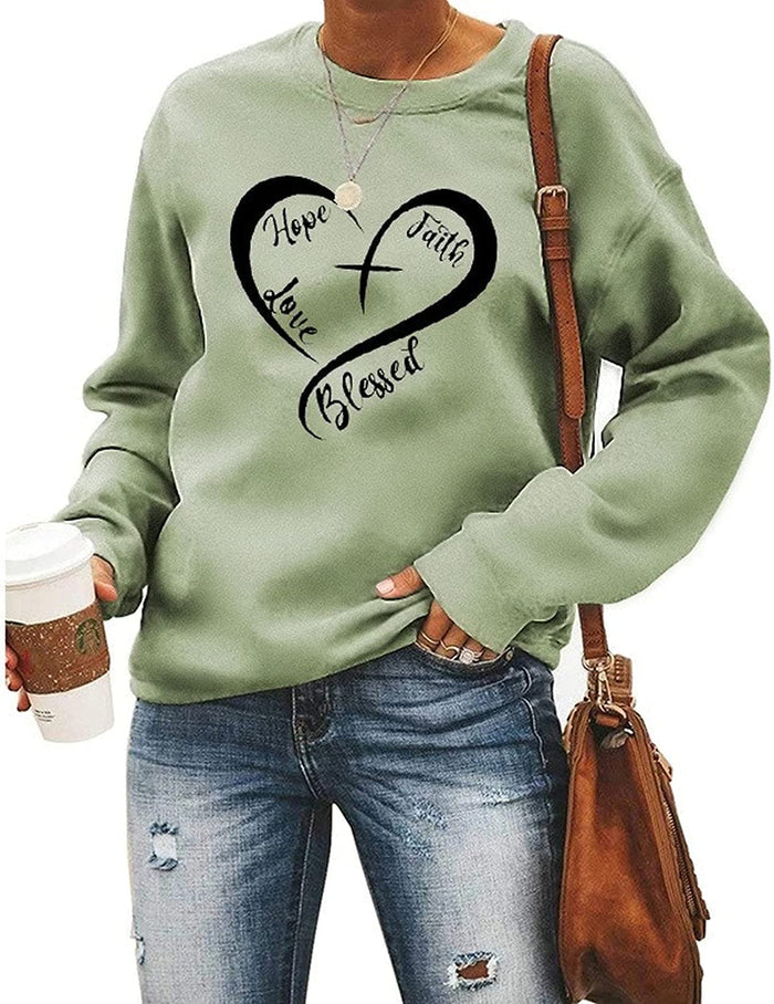 Christian Heart Sweatshirt Women Hope Faith Love Blessed Sweater