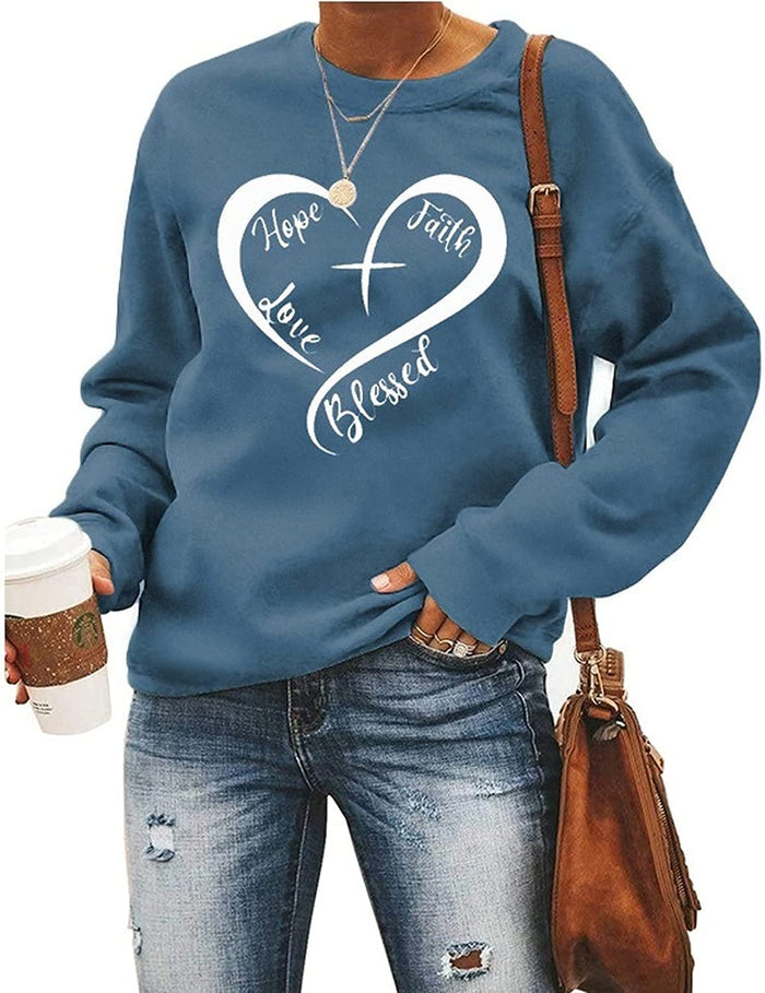 Christian Heart Sweatshirt Women Hope Faith Love Blessed Sweater