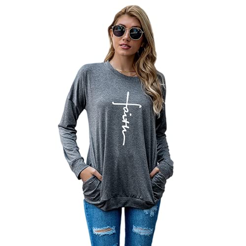 Christian Shirt for Women Long Sleeve Faith Cross Shirt Tops