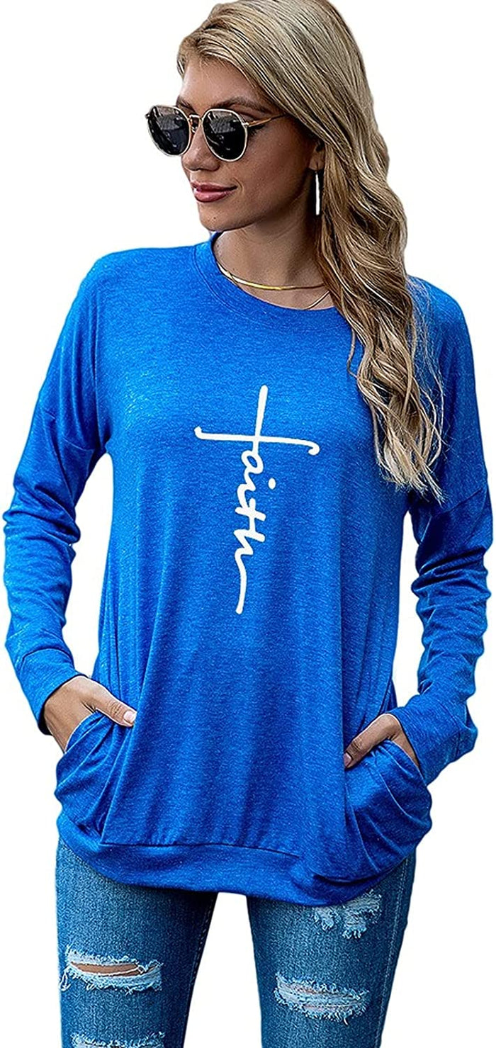 Christian Shirt for Women Long Sleeve Faith Cross Shirt Tops