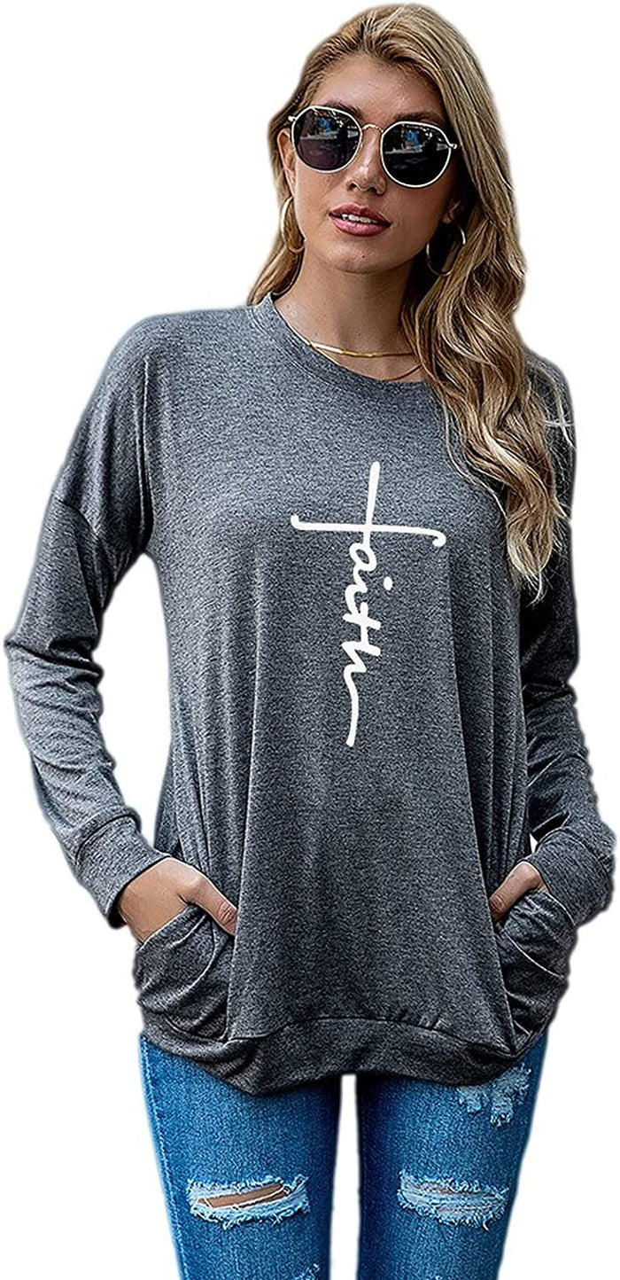 Christian Shirt for Women Long Sleeve Faith Cross Shirt Tops