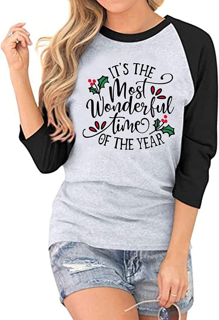 Christmas Shirt for Women Christmas Shirt It is The Most Wonderful Time 3/4 Raglan Sleeves Shirt