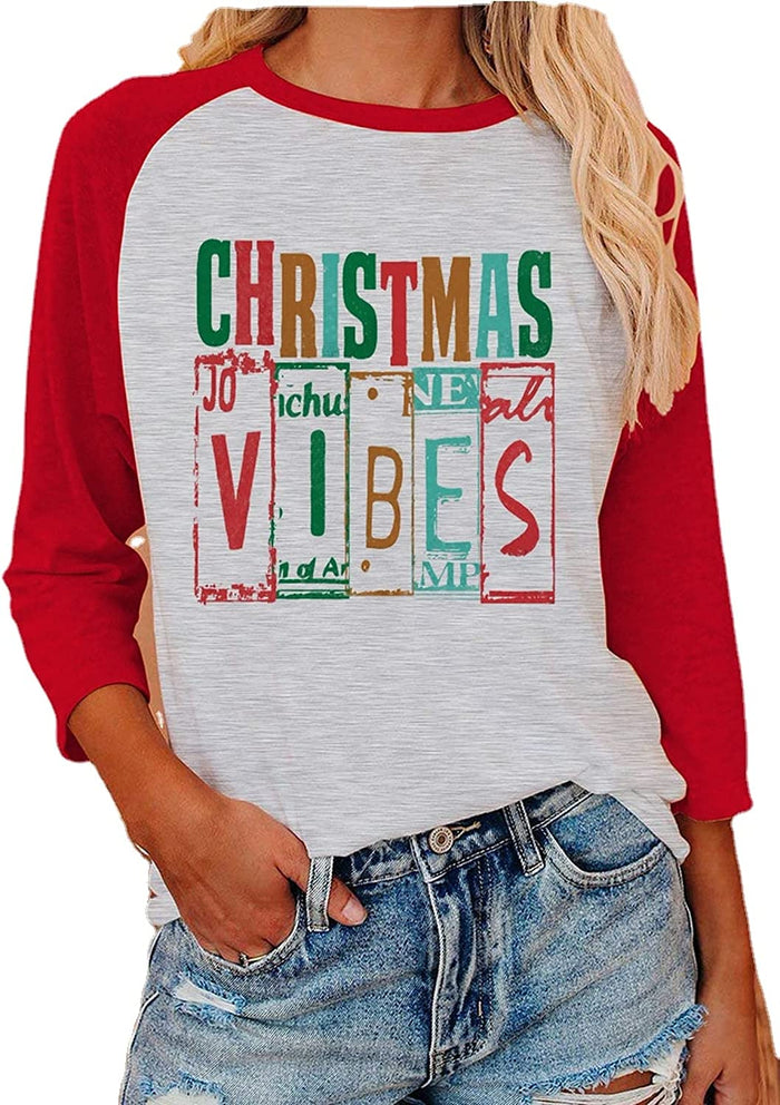 Christmas Vibes Blouse Women 3/4 Sleeve Graphic Blouse