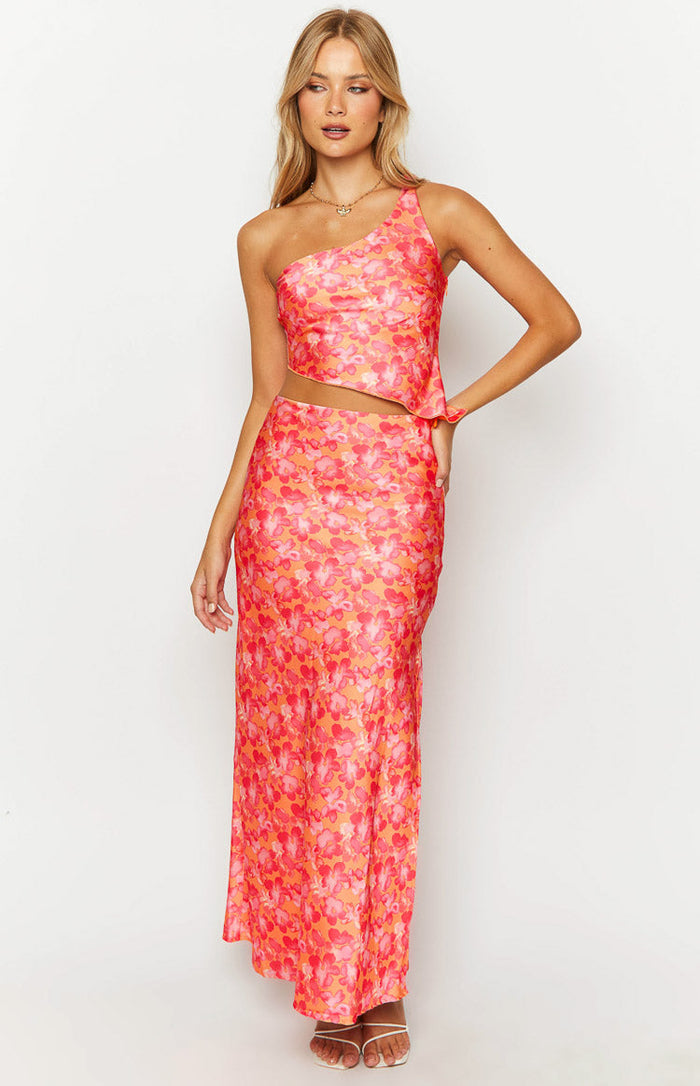 Orange and pink floral print satin maxi skirt with a flowing silhouette