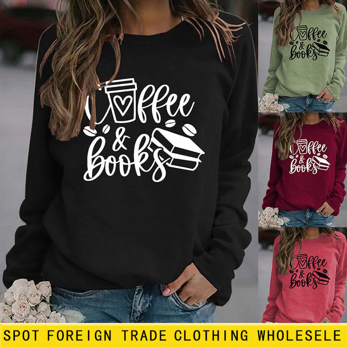 Coffee Books Letters Fashion Loose Large Size Long Sleeve Round Neck Sweater Women