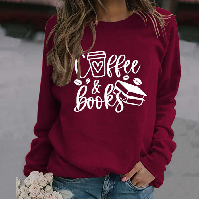 Coffee Books Letters Fashion Loose Large Size Long Sleeve Round Neck Sweater Women