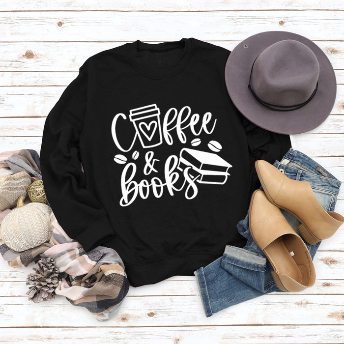Coffee Books Letters Fashion Loose Large Size Long Sleeve Round Neck Sweater Women