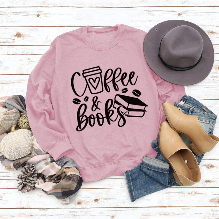 Coffee Books Letters Fashion Loose Large Size Long Sleeve Round Neck Sweater Women