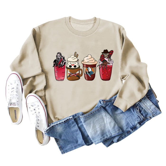 Coffee Ghost Print Round Neck Loose Fall and Winter Bottoming Long-sleeved Large Size Sweater