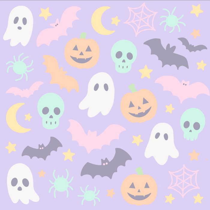 A repeating pastel Halloween pattern on a light lavender background, featuring white and pale pink ghosts, orange jack-o'-lanterns, gray and peach bats, mint green skulls and spiders, pale yellow crescent moons and stars, spiderwebs, and small yellow stars.