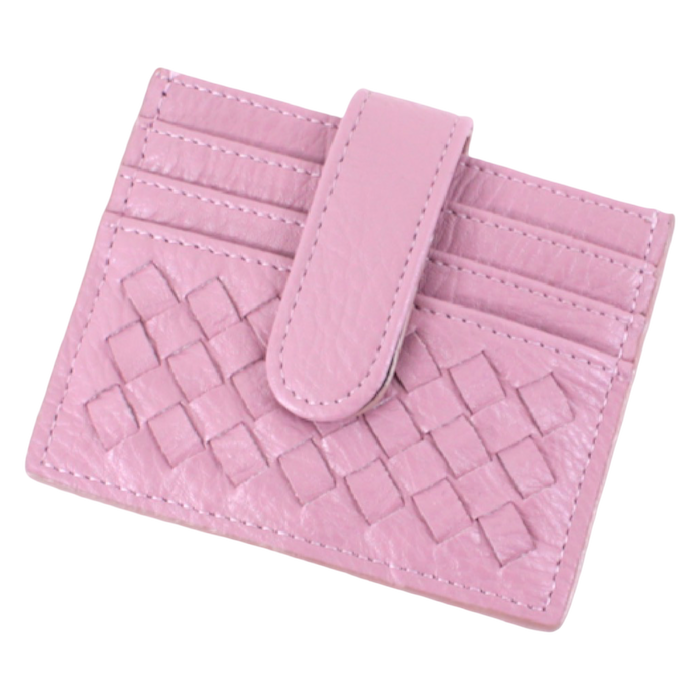 Violet pink croc-embossed synthetic leather credit card holder with woven-style texture and foldover strap.
