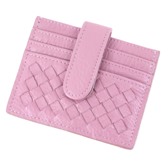 Violet pink croc-embossed synthetic leather credit card holder with woven-style texture and foldover strap.