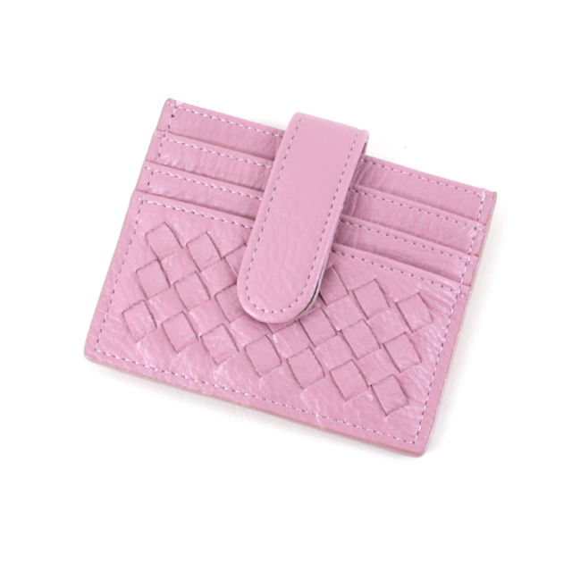 Violet pink croc-embossed synthetic leather credit card holder with woven-style texture and foldover strap.