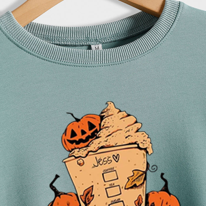 Cross-border Jess Dsl Pumpkin Ice Cream Coffee Letter Printing Round Neck Fashion Long Sleeve Sweater