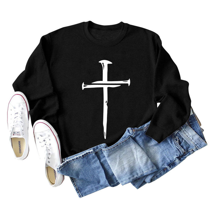 Cross Print Autumn and Winter Bottoming Long-sleeved Women's Sweatshirt