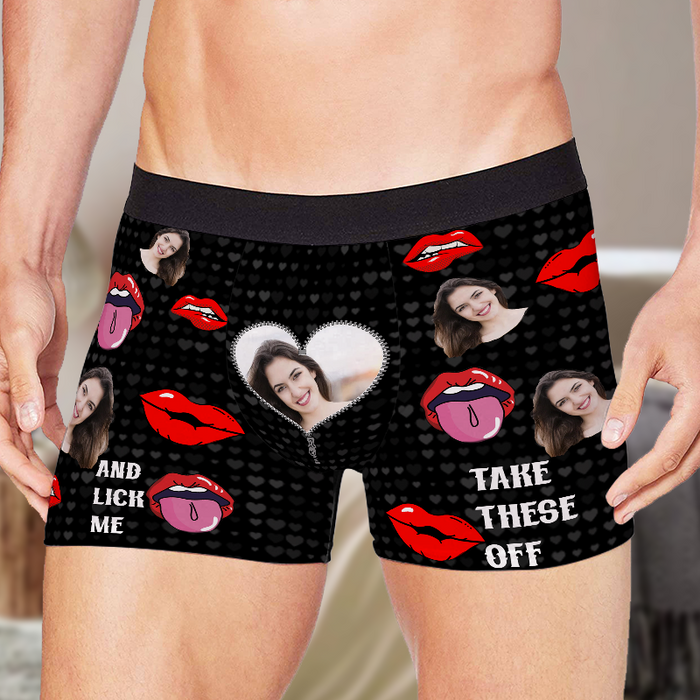 Custom Photo & Face Take These Off And Lick Me - Gifts For Him, Her Personalized Custom Men's Boxer Briefs