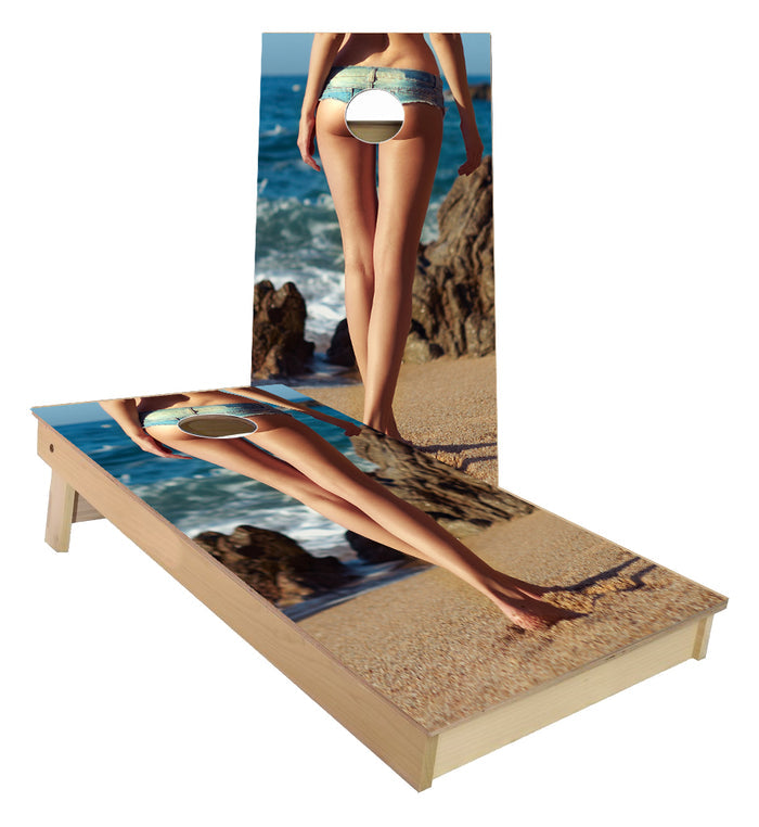 Cut off Jean Shorts on Beach Cornhole Boards