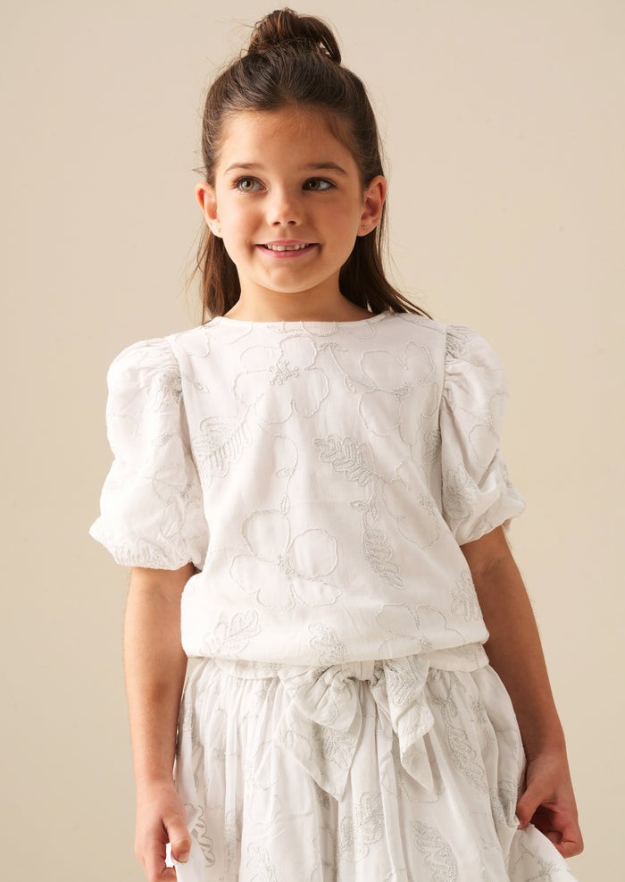 Dahlia Floral Embroidered Tie Waist Puff Sleeve Top