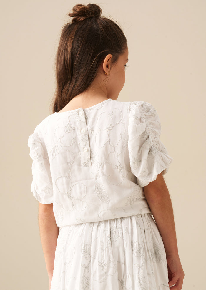 Dahlia Floral Embroidered Tie Waist Puff Sleeve Top