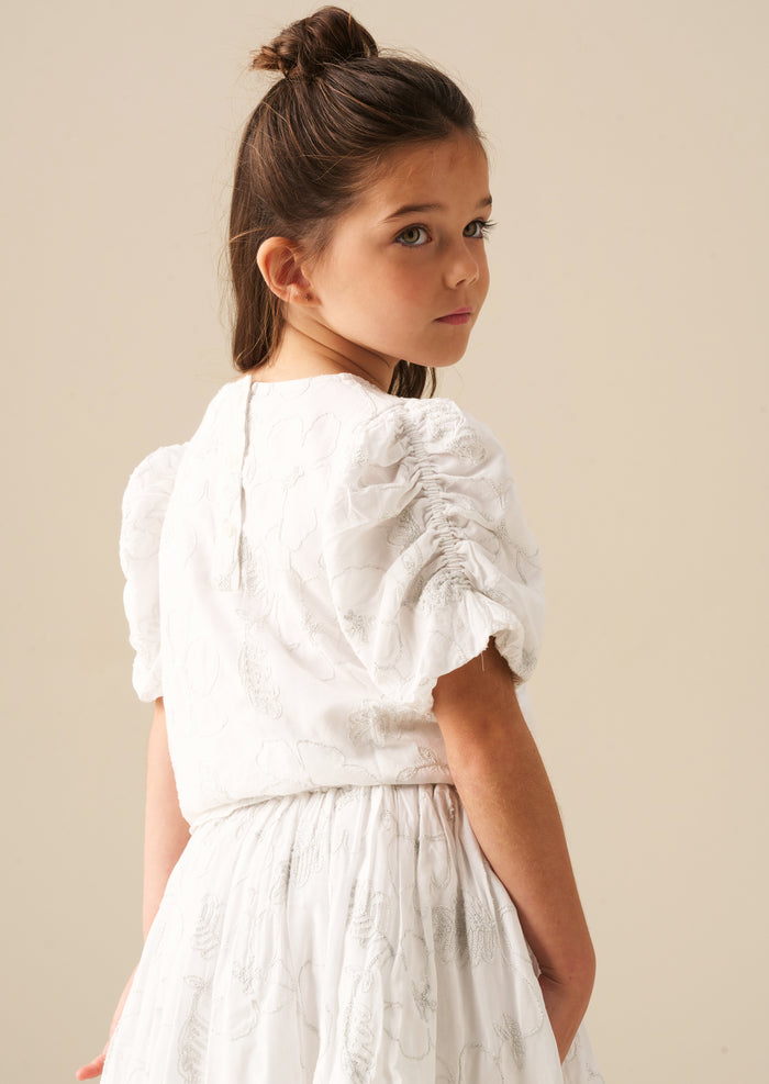 Dahlia Floral Embroidered Tie Waist Puff Sleeve Top